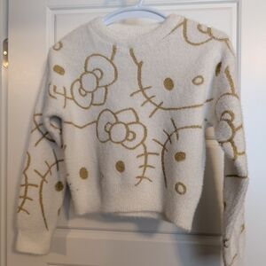 Hello Kitty Sanrio White and Gold Patterned Sweater Kids Size M 7/8